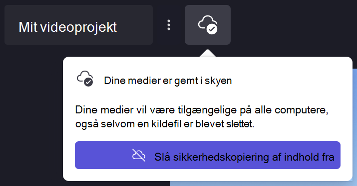 Billede af Clipchamp dialog med sikkerhedskopiering af indhold