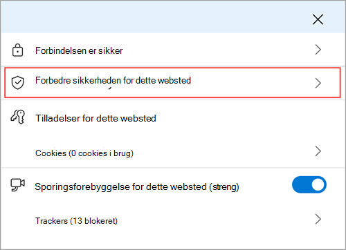 Menuen med webstedsoplysninger i Microsoft Edge, der viser funktionen Forbedr sikkerheden for dette websted.