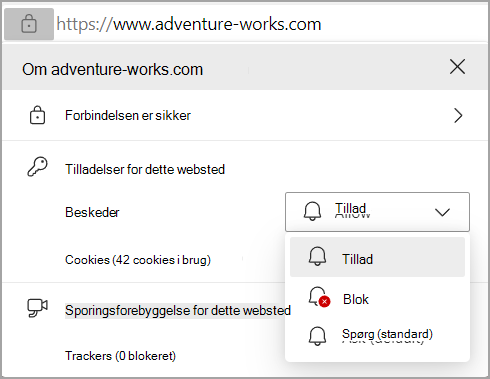 Billede, der viser Meddelelsestilladelser i Edge-browserens adresselinje.