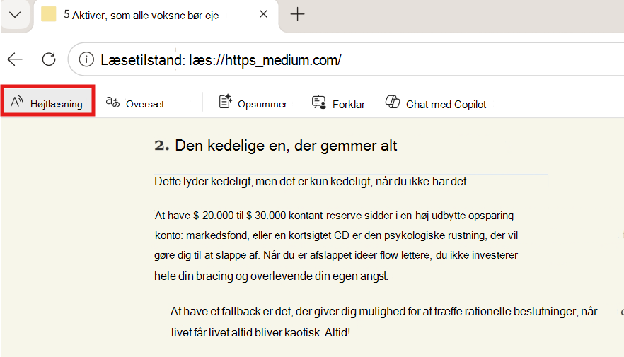 Skærmbillede af højtlæsning.