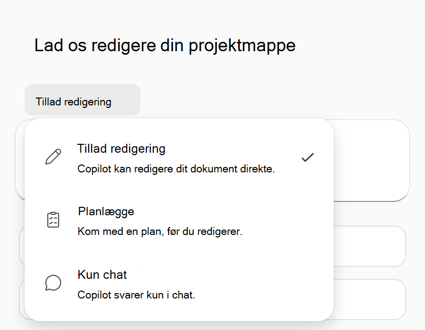 Skærmbillede af indstillingsmenuen for Copilot i Excel-tilstand.