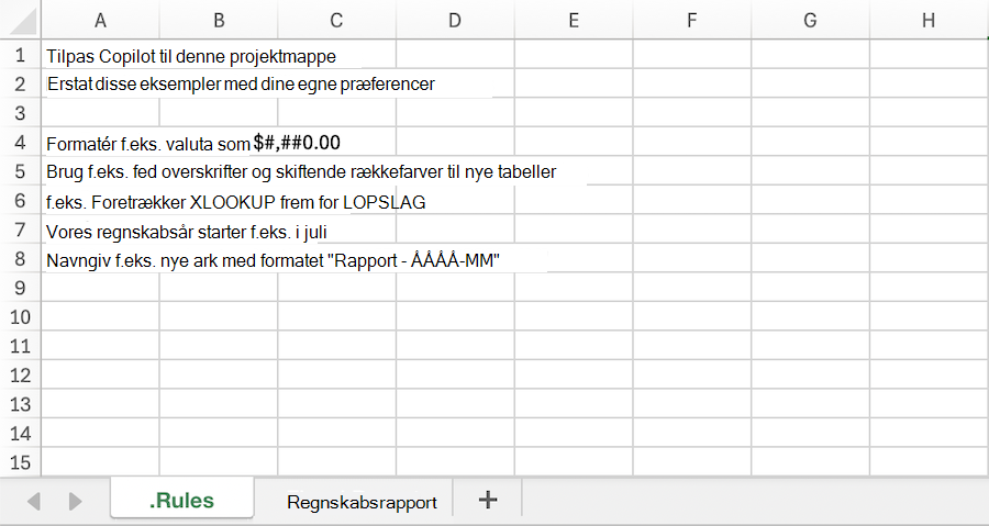 Skærmbillede af en Copilot i Excel-projektmappe med en eksempel. Regnearket Regler.