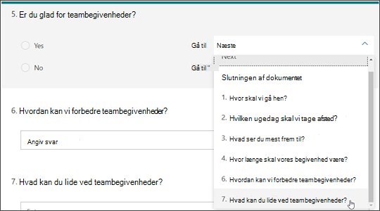 Lav grene til andre spørgsmål baseret på svaret på et andet spørgsmål