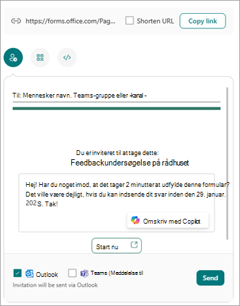 Du kan sende din formular på flere måder fra skærmen Send og indsaml svar.