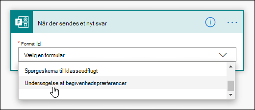 Vælg en formular til din udløser i Power Automate