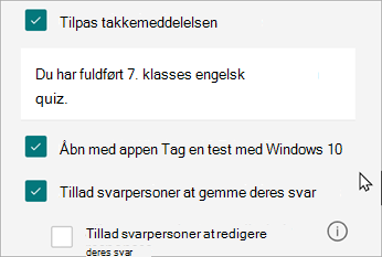 Indstillingerne for en test viser en mulighed for svar, der er specifikke for tests: Åbn med Windows 10 Tag en test