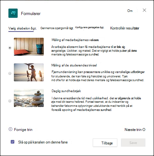 Formulardialogboks i Teams, der beskriver medarbejderens skabelon til måling af velvære og introduktion til opbygning af arbejdsprocessen