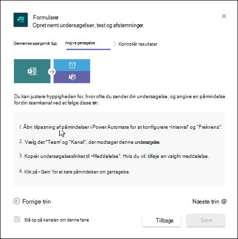 Dialogboksen Formularer i Teams, der beskriver, hvordan du opretter en automatiseret arbejdsproces for din undersøgelse ved hjælp af Power Automate.