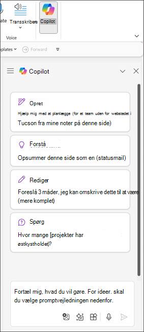Skærmbillede af Ruden Copilot i OneNote