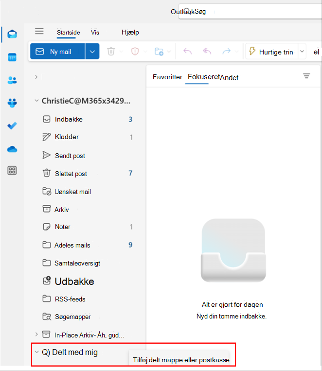 Skærmbillede af pop op-vindue i Outlook til tilføjelse af en delt mappe eller postkasse