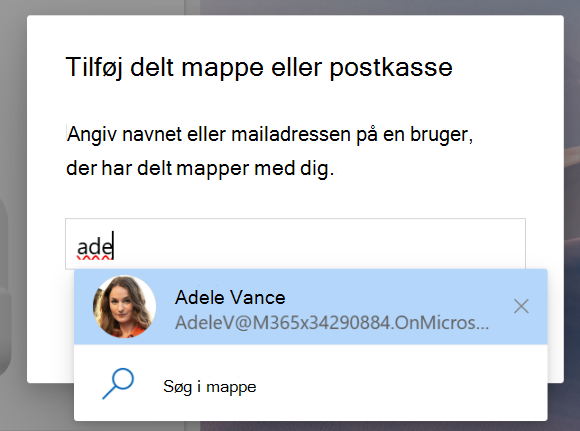 Skærmbillede om Delt med mig for at tilføje en delt mappe eller postkasse