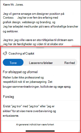 Copilots forslag til tone, tydelighed og læserens mening i Outlook til mobil