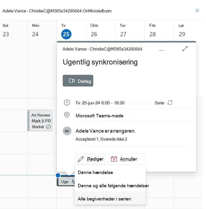 Skærmbillede, der viser redigeringshændelser i serier