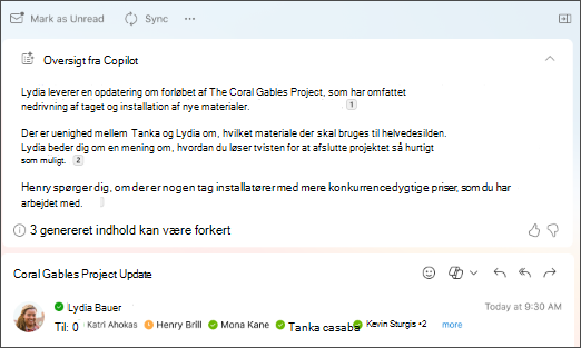 Resumé af en mailtråd med citater oprettet af Copilot