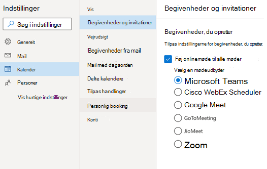 Outlook på internettet – vælg standardudbyder af onlinemøder