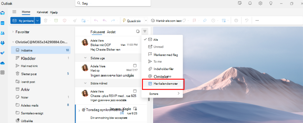 Skærmbillede, der viser, at ledere kan bruge mailfilteret har kalenderinvitationer
