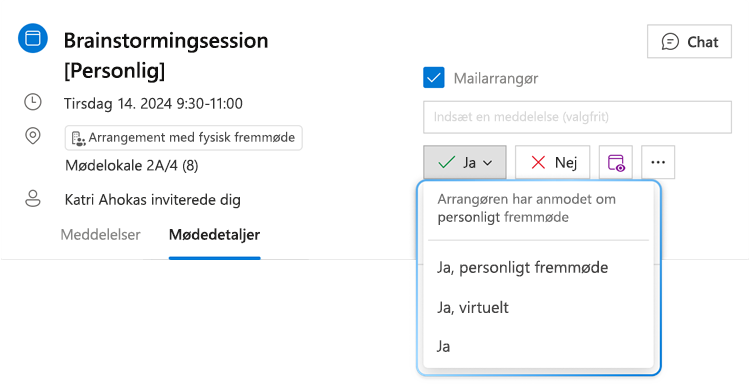 Billede viser hybrid-RSVP-menuknappen for Ja med dens rulleliste udvidet, hvor man kan se tre forskellige indstillinger: Ja, personligt, Ja, virtuelt og Ja.
