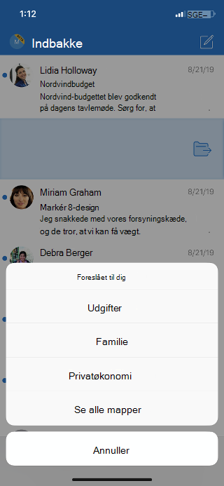 Viser en indbakke med en liste over mappeindstillinger og en indstilling for at få vist alle mapper.