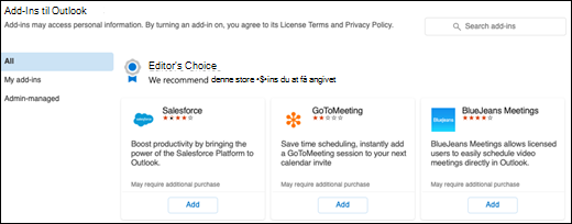 Menuen Tilføjelsesprogrammer i Outlook til Mac.