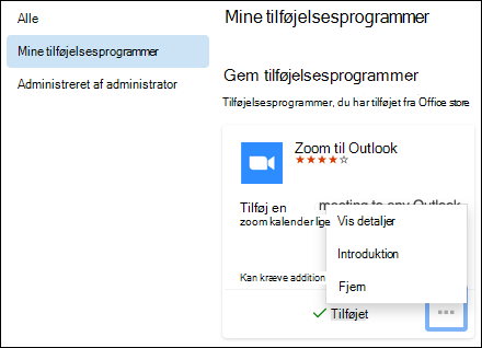 Menuen Mine tilføjelsesprogrammer i Outlook til Mac.