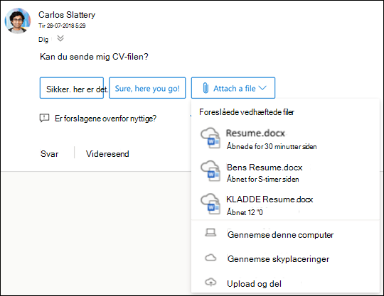 Vedhæftning af foreslåede filer i Outlook.