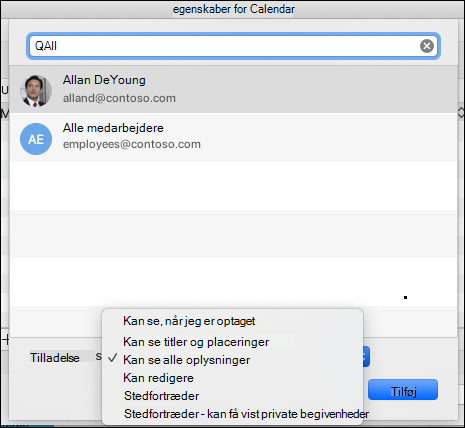 Indstillinger for delegering for en given mailadresse.