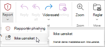 Du kan bruge knappen Rapportér > ikke uønsket til at gendanne en meddelelse fra mappen Uønsket mail og derefter bede Outlook om at stoppe med at sende meddelelser fra den pågældende afsender til mappen Uønsket mail.