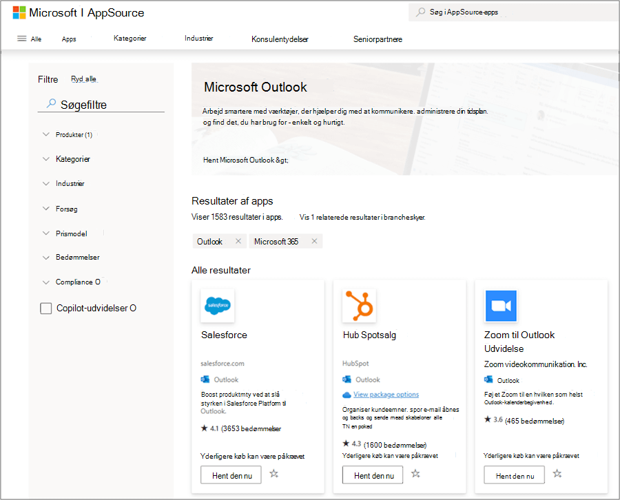 Microsoft Outlook-tilføjelsesprogrammer i AppSource