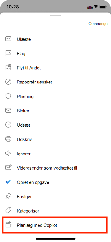 Tidsplan fra mail kan vælges fra menuen Flere handlinger