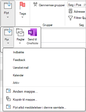 Vælg et slettet element, du vil gendanne, og brug derefter knappen Flyt på båndet til at flytte det til en anden mappe.