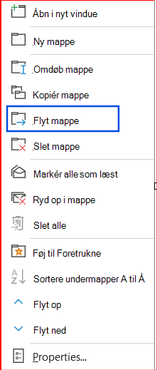 Skærmbillede af indstillingen Flyt mappe, der er valgt i navigationsruden.