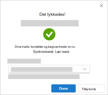 Skærmbillede, der viser succesvinduet, når du tilføjer en Google-konto