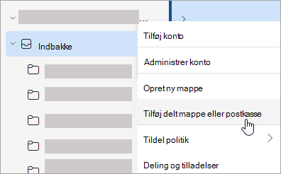 Skærmbillede, der viser valg til Tilføj delt mappe eller postkasse
