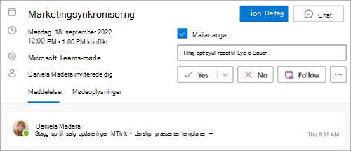 Skærmbillede, der viser muligheden for at følge et møde
