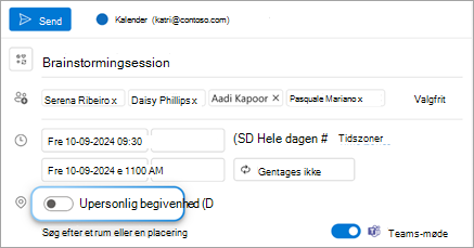 Slå til/fra-funktionen Personlig begivenhed til for at vise til modtagere, som mødet finder sted personligt.