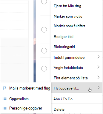 Tryk og hold nede (eller højreklik) for at få adgang til genvejsmenuen. Vælg Flyt opgaver til ... og vælg den liste, du vil flytte opgave til.
