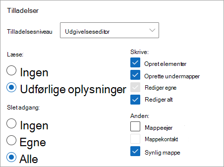 Skærmbillede, der viser, at Publiceringseditor er valgt som tilladelsesniveau