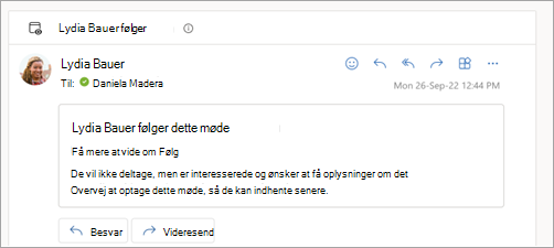 Skærmbillede, der viser mailsvar, som deltageren følger mødet