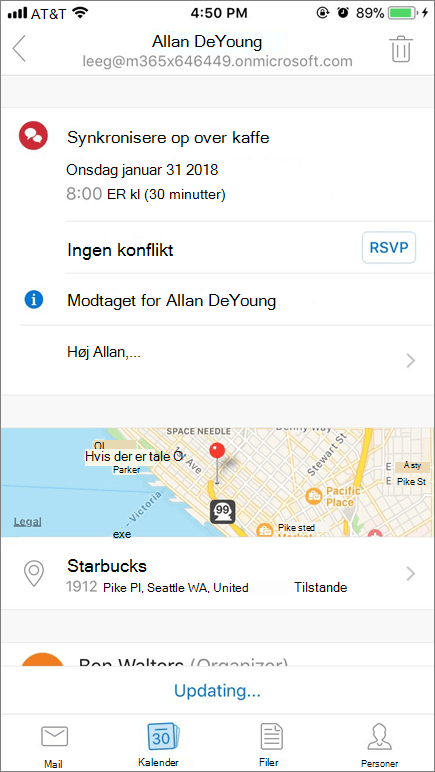 Skærmbillede, der viser skærm på mobilenhed med kalenderinvitationselement.
