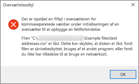 Dette er den fejlmeddelelse, du får, hvis din .csv-fil har dårligt formaterede data.