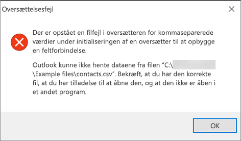 Dette er den fejlmeddelelse, du får, når den .csv fil er tom.