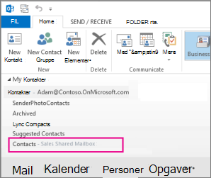 Delte lister over kontakter vises i kontaktruden i Outlook
