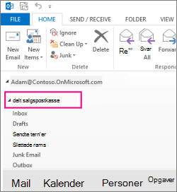 Delte postkasser vises i mappelisten i Outlook