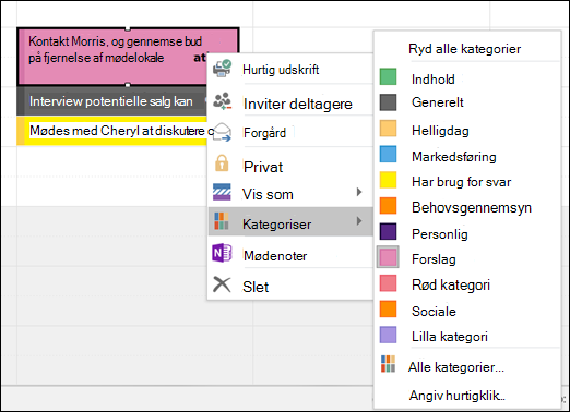 Du kan højreklikke på en aftale og tildele en kategori.