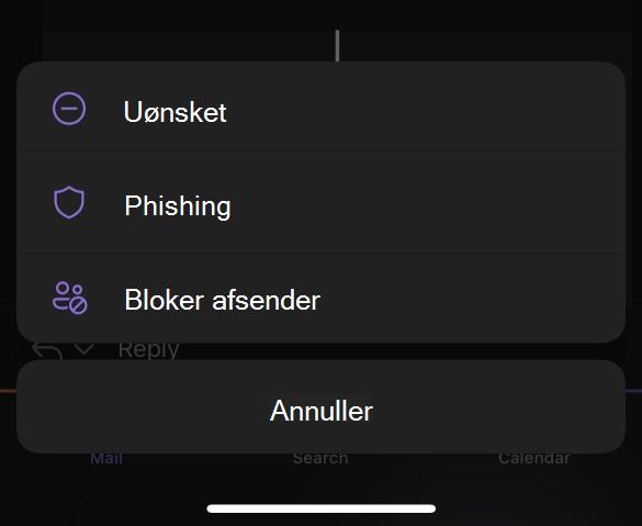 Undermenuen Uønsket mail til Outlook Mobile