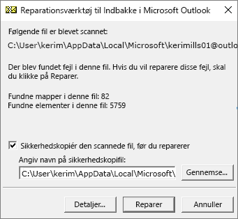 Viser resultaterne af en scannet Outlook .pst-datafil ved hjælp af Microsoft-værktøjet til reparation af indbakken, SCANPST.EXE