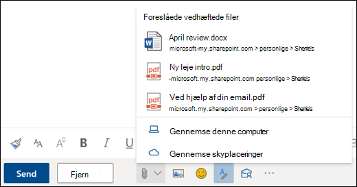 Vedhæft filer, der viser foreslåede vedhæftede filer