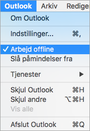 Viser indstillingen Arbejd offline valgt i Outlook-menuen