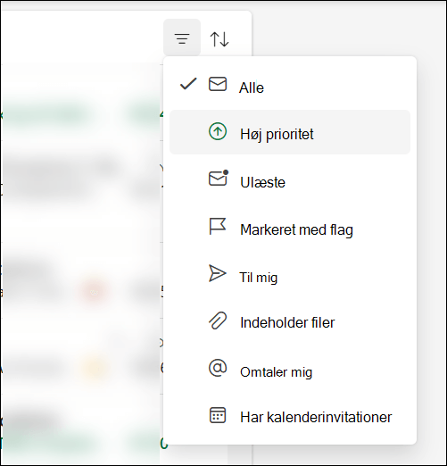 Meddelelsesfiltermenuen i Outlook viser, at høj prioritet er en indstilling.