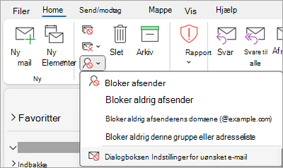 Skærmbillede, der viser rullelisten Bloker afsender med Indstillinger for uønsket mail markeret